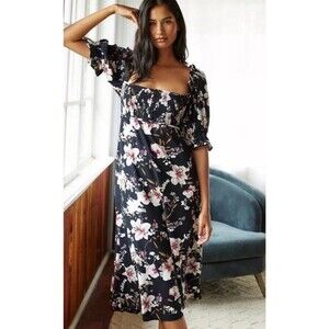 Anthropologie Midi Dress Womens XXS Black Rayon Floral Smocked Puff Sleeve Boho